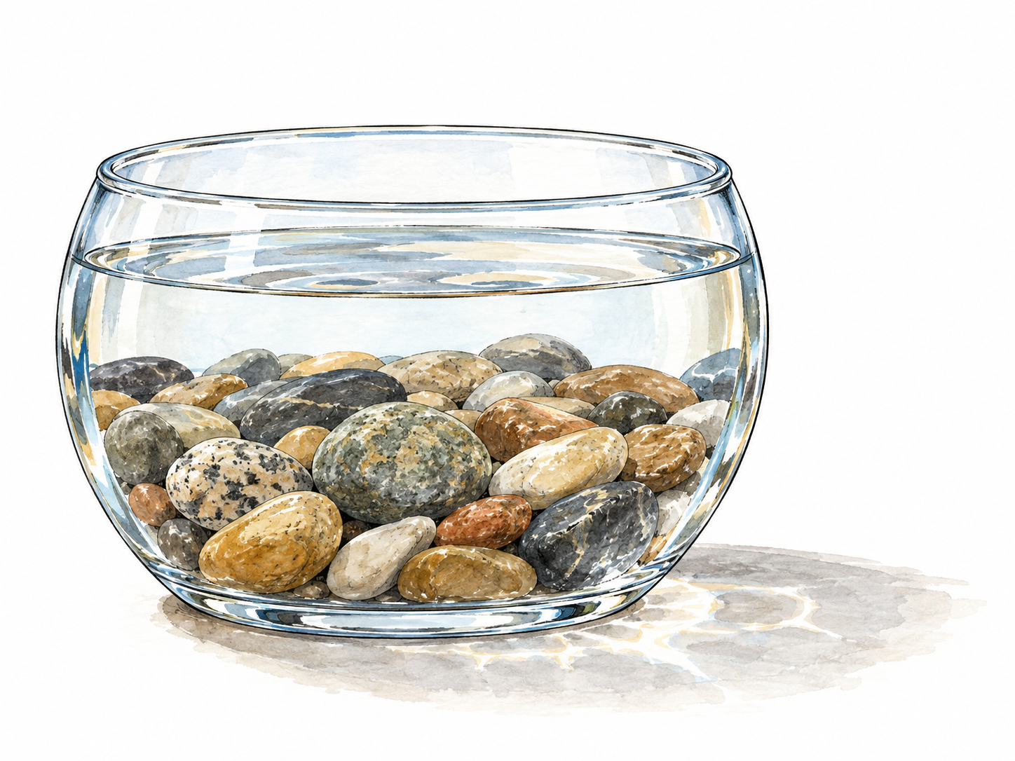 Clear water in a glass vessel lets every pebble show sharply.