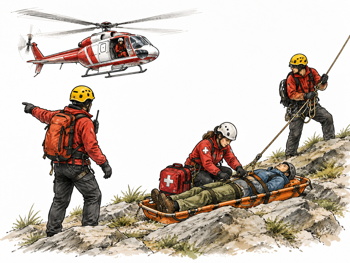 Organized rescue operation with distinct coordinated roles and supplies.