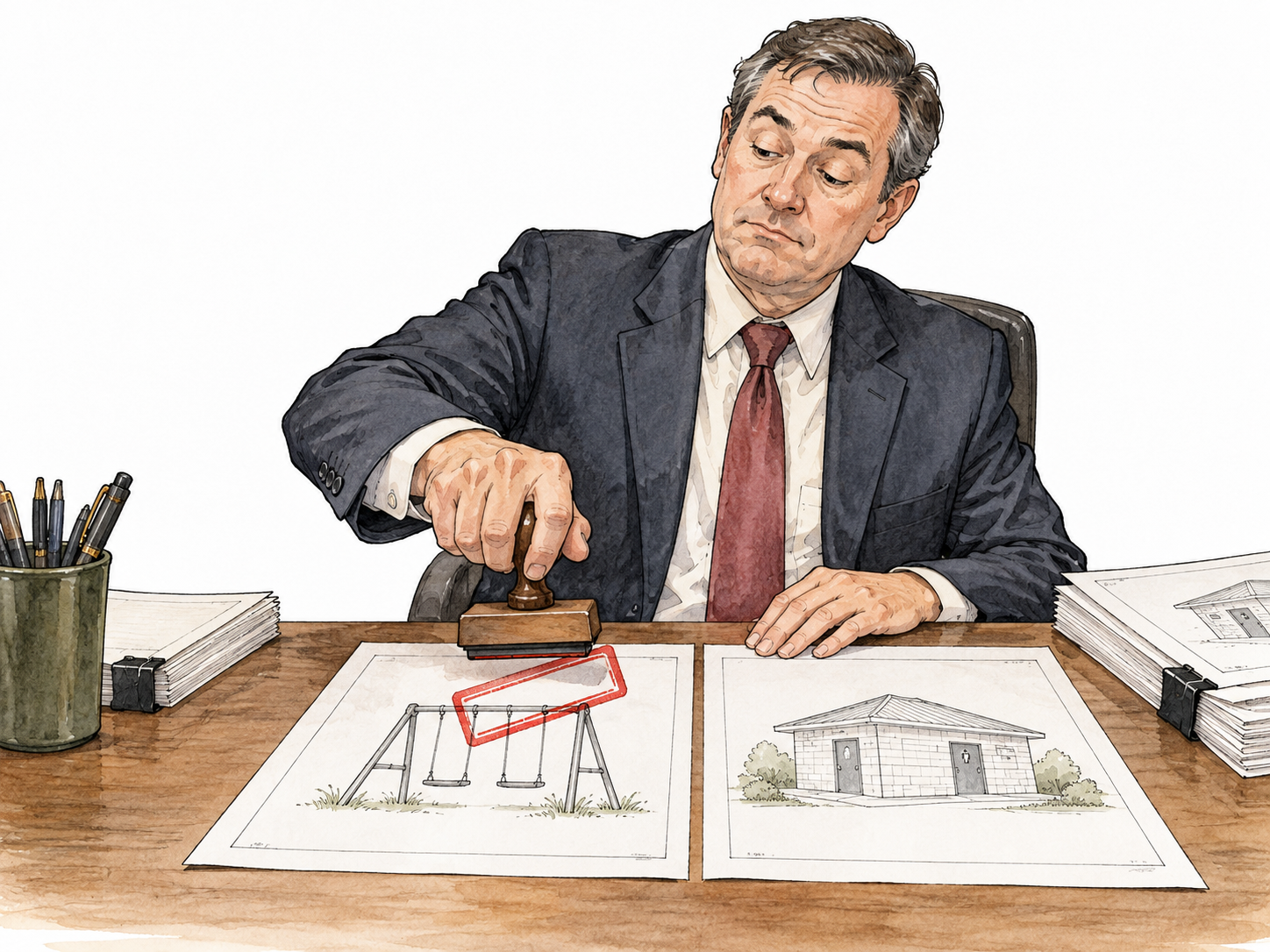 A public official carelessly stamps a misaligned blank permit over an incorrect diagram, lawful task done badly.