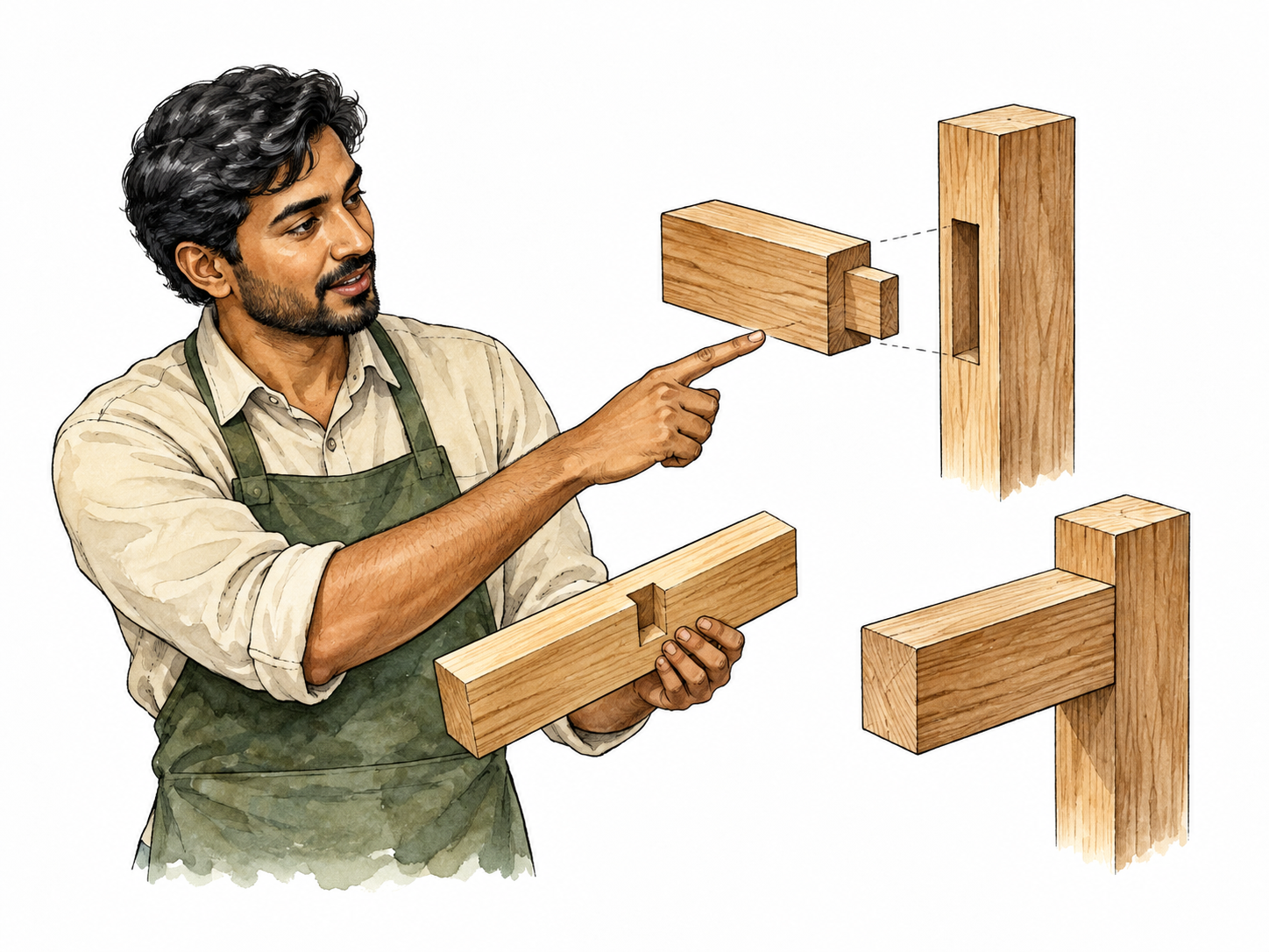 A South Asian man points to an exploded wooden joint model, making its construction understandable.