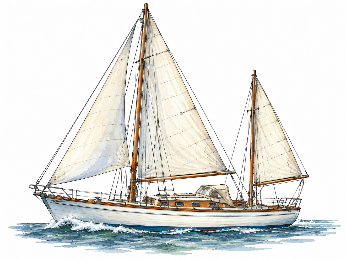 A two-masted ketch sailing: large mainmast forward and a clearly shorter mizzen mast ahead of the rudder post, realistic rigging.