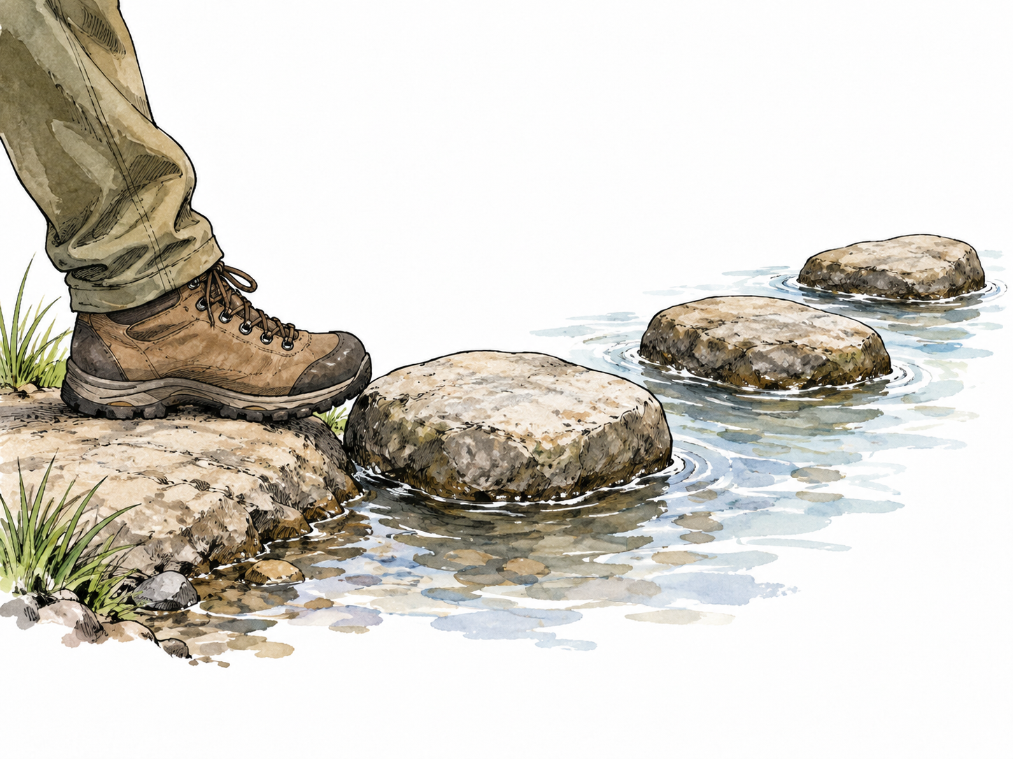 The nearest stepping stone sits immediately beside a traveler's foot.