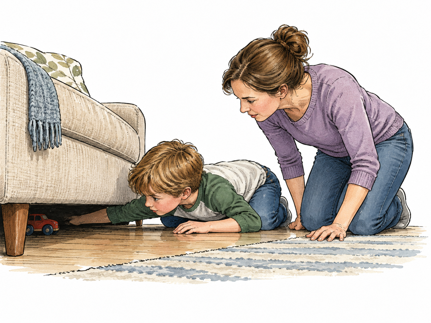A white child and parent look carefully beneath furniture for a lost toy.