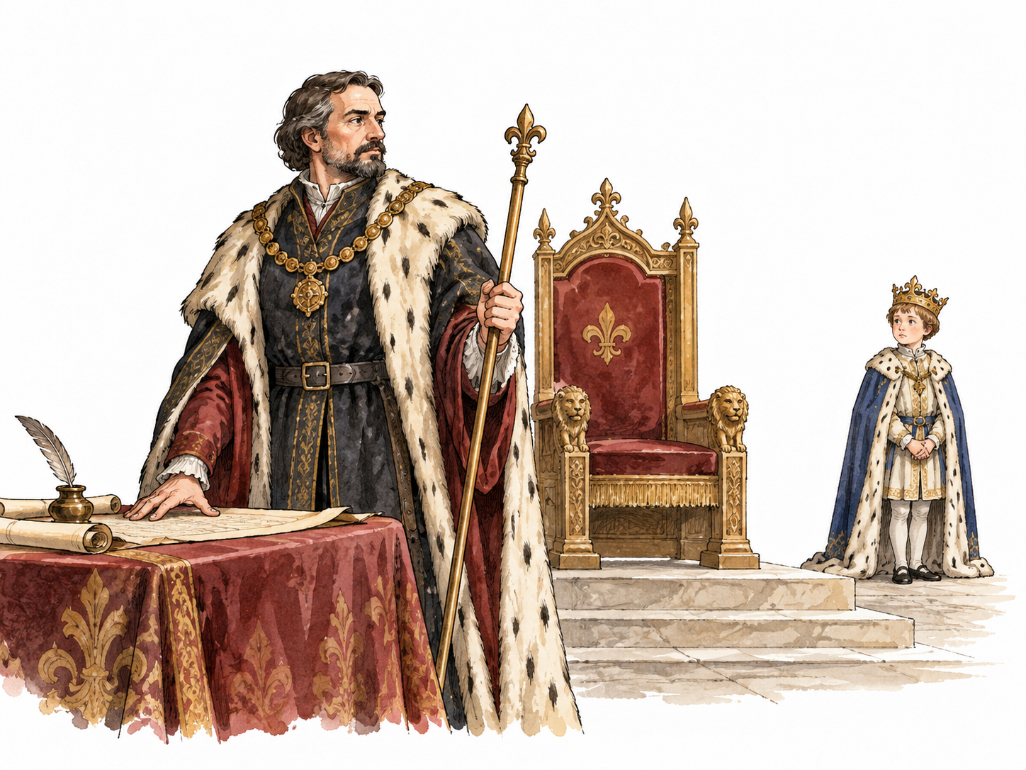 An adult regent governs beside an empty royal throne and a small distant child monarch.