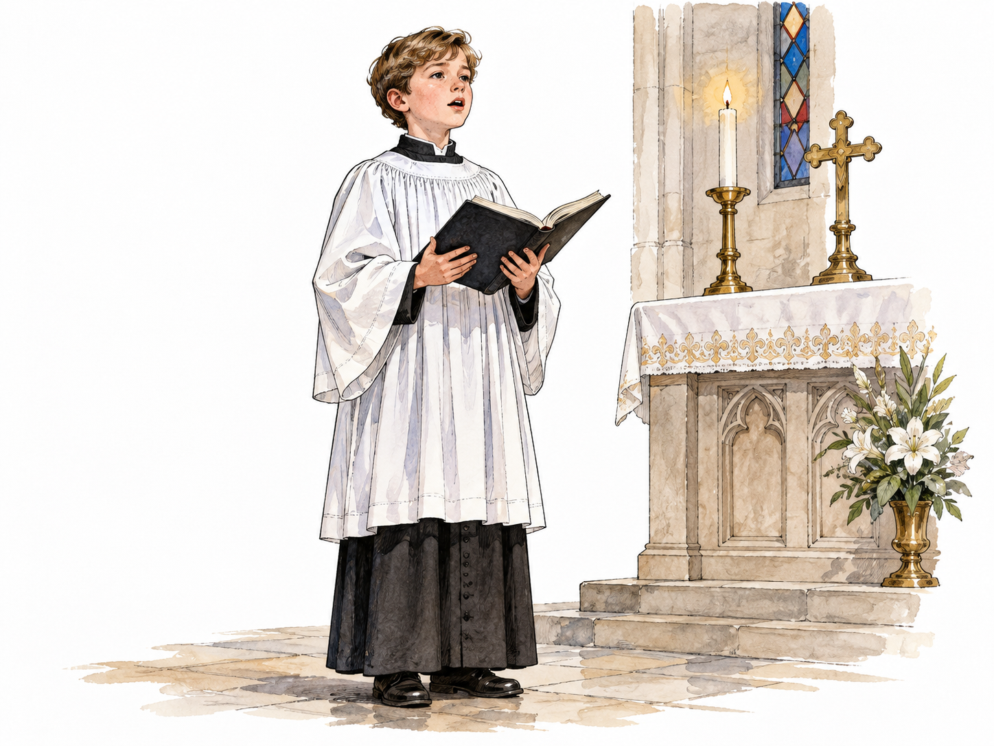 A white chorister wearing a loose white surplice over a dark cassock, respectful church setting.