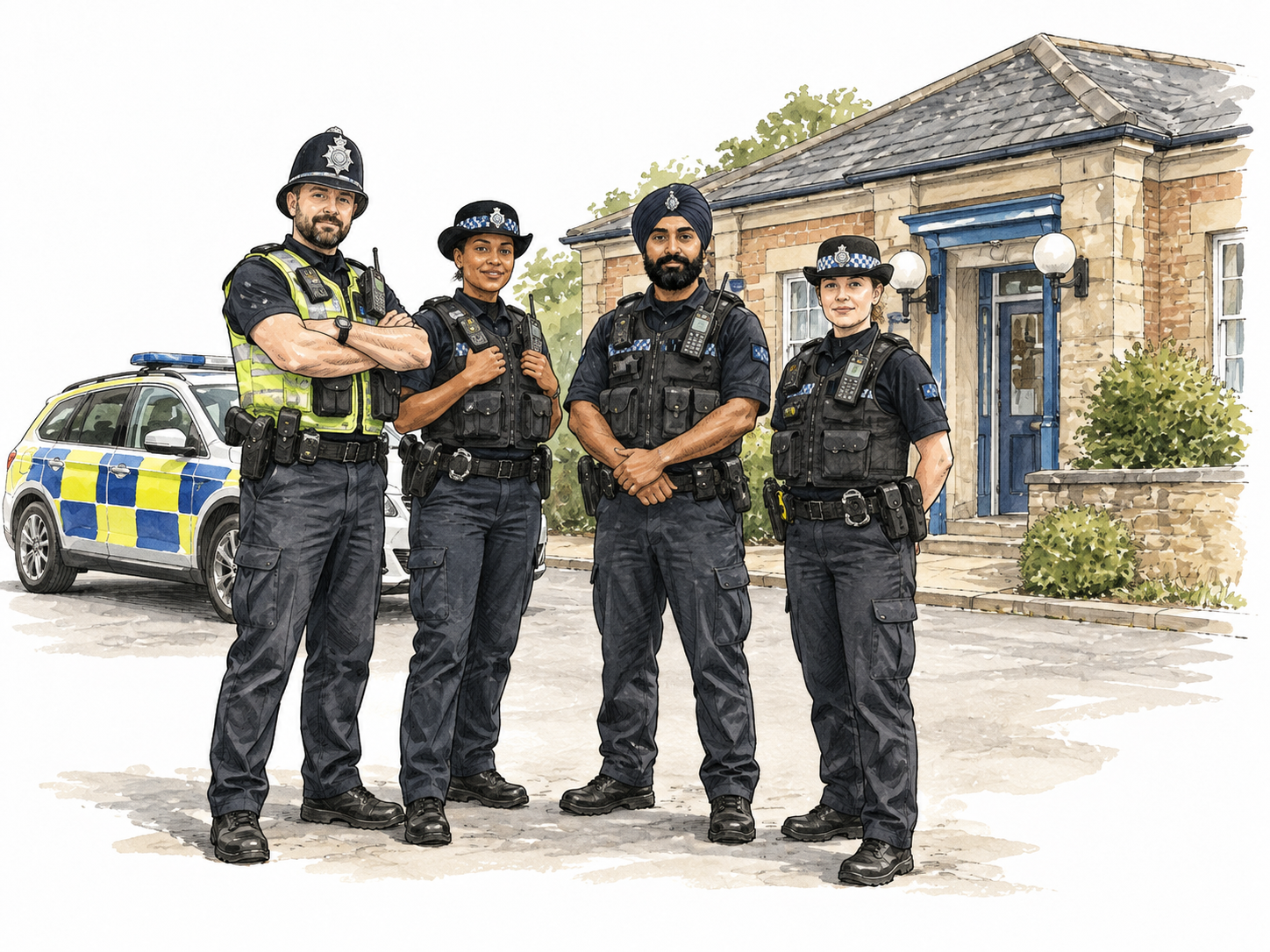 A diverse district police team assembled outside a modest station, no readable signage.