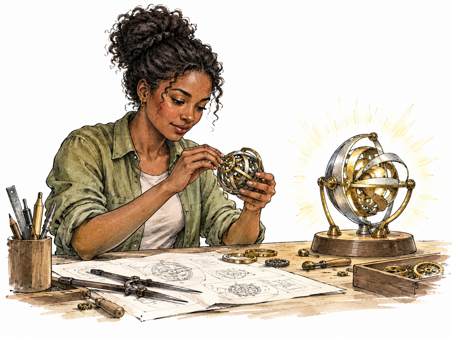 A Black female inventor solving a complex mechanical puzzle elegantly at a workbench with a brilliant original prototype, exceptional ability.