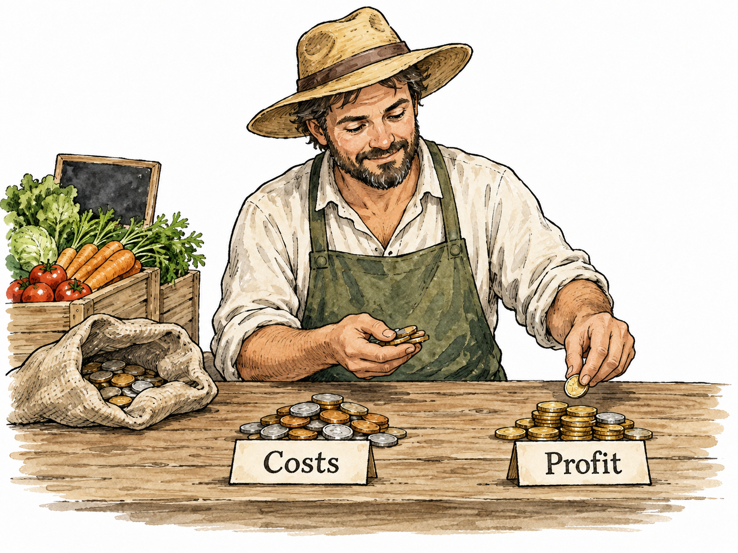 A market vendor separates revenue coins into costs and a remaining profit pile, exact labels 'Costs' and 'Profit'.