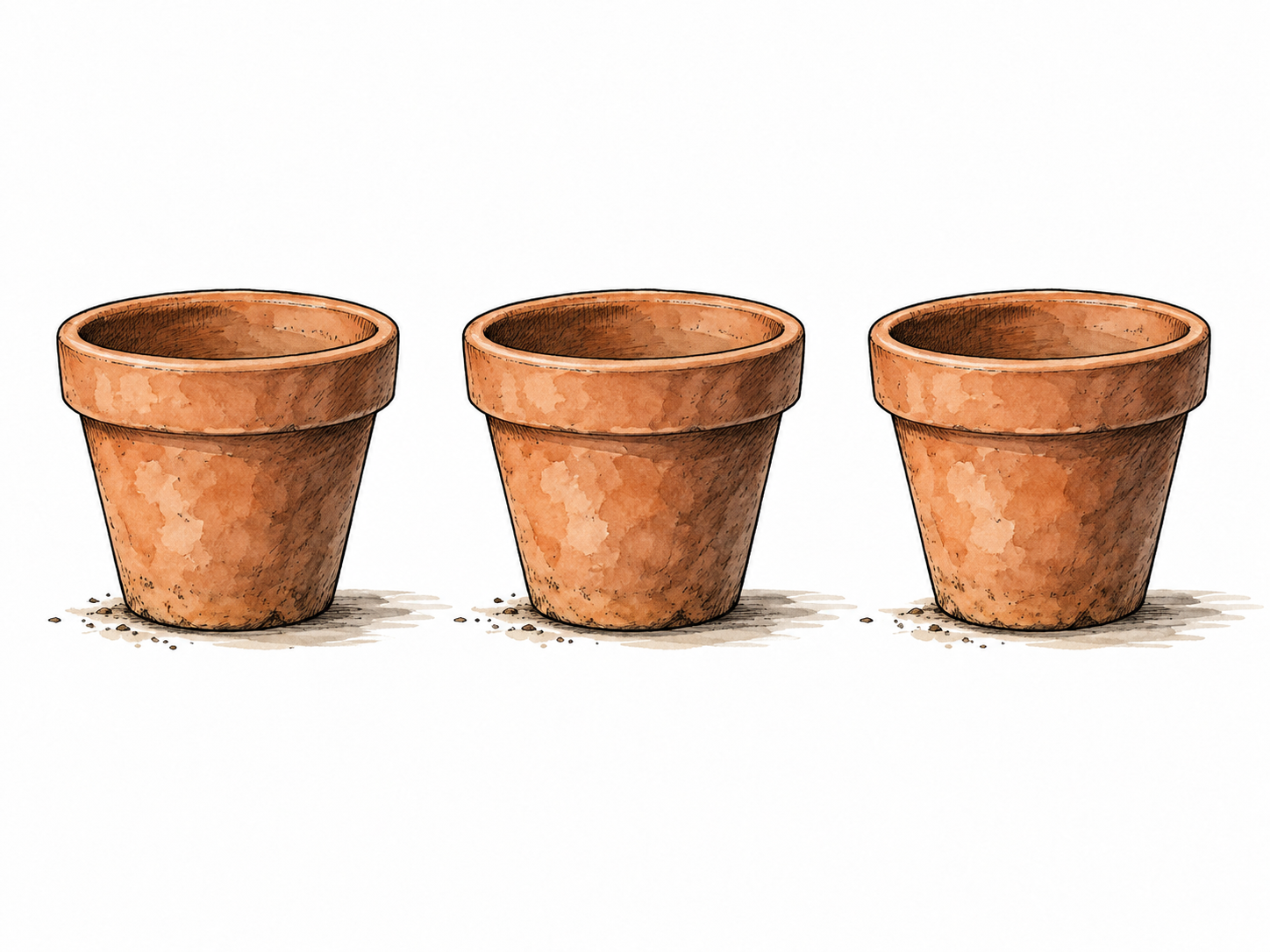 Three identical small terracotta pots evenly arranged.