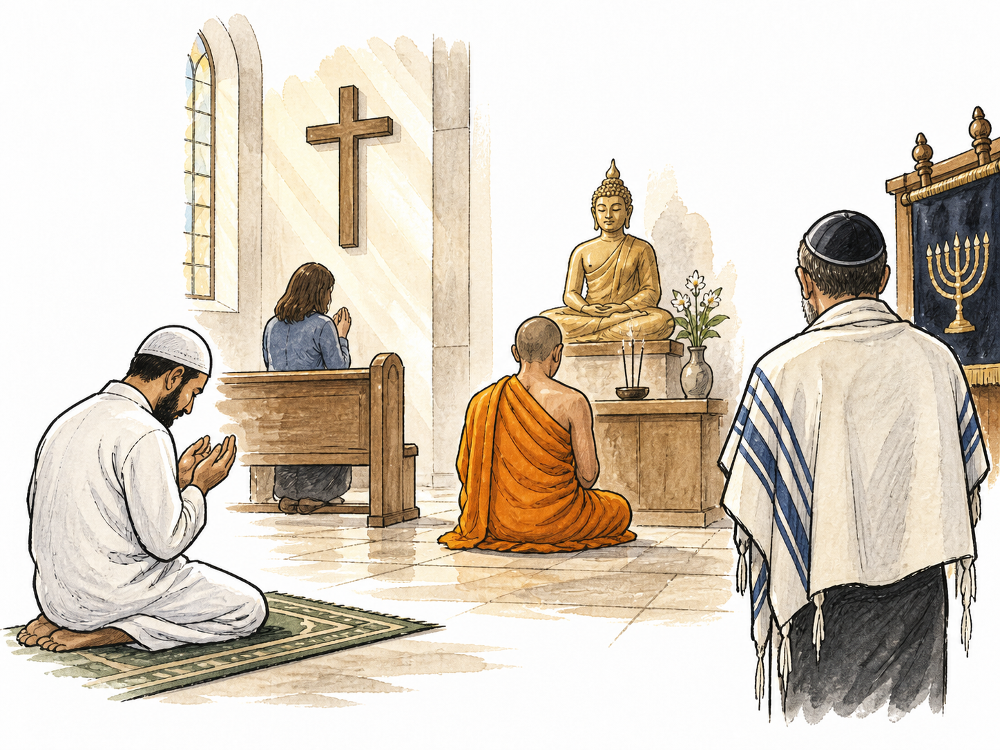 Diverse respectful worshippers in a quiet sacred space, no superiority implied.