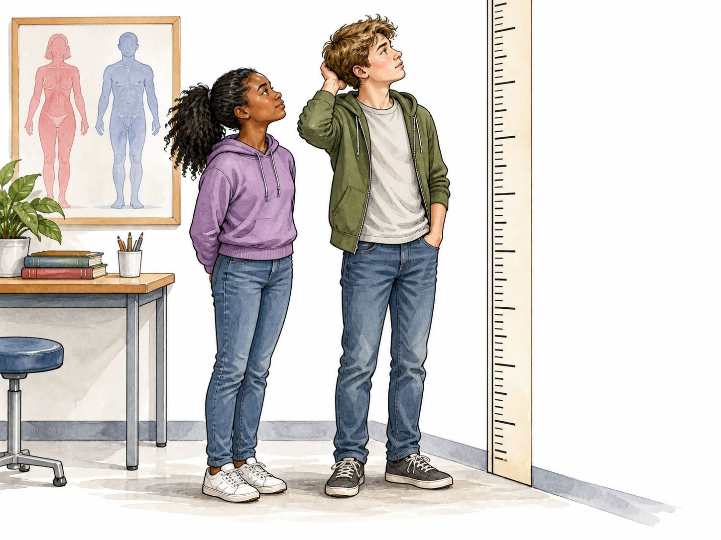 Two fully clothed adolescents of different heights looking at a growth chart in a health classroom, one Black girl and one white boy, neutral puberty education, no nudity.