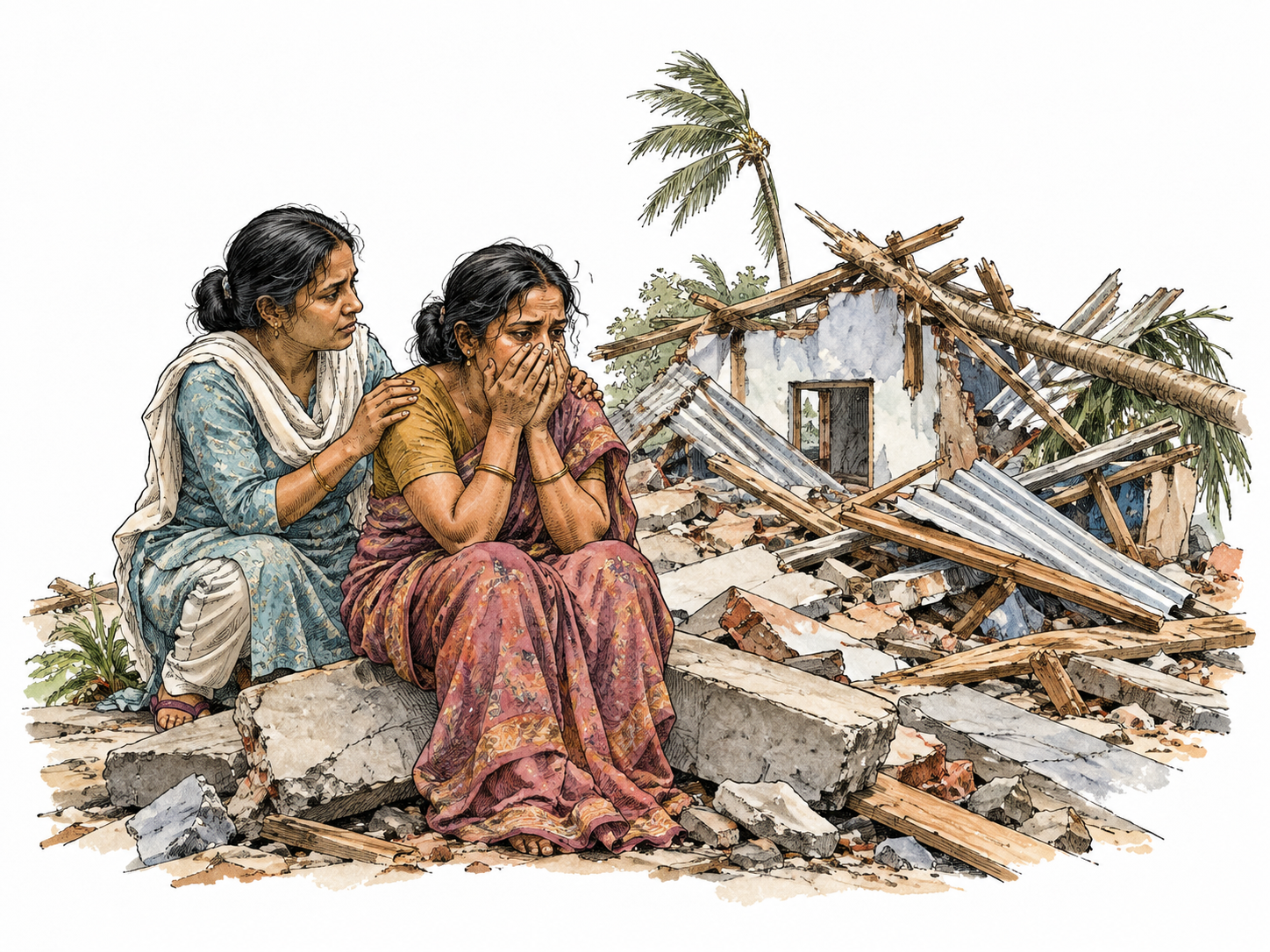 A South Asian woman stunned with grief beside the remains of her storm-damaged home, supported by a friend, no bodies.