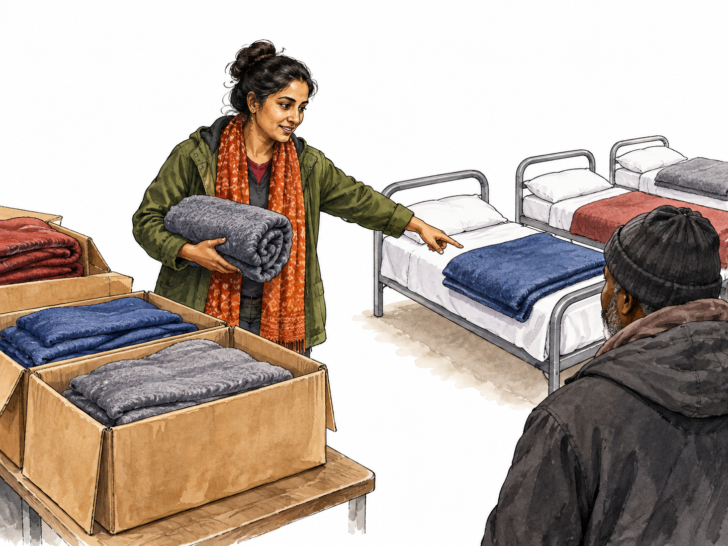 A community organizer assigning boxes of donated blankets to shelter beds, South Asian adult, clear resources set aside for particular use.