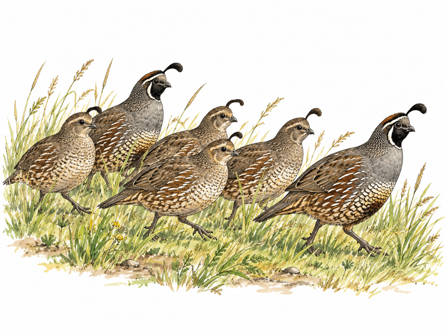 A small covey of six natural quail walking closely together through meadow grass.