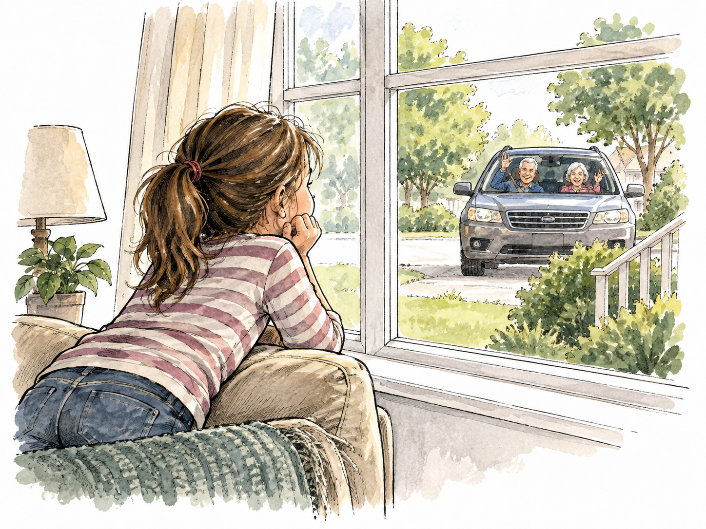 A child eagerly waits at a window for arriving grandparents.
