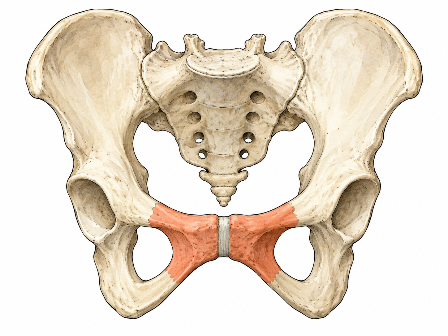 A clean anatomical plastic pelvis teaching model, front view, pubic bone highlighted coral at front lower arch, all other bones ivory, no body or genitals.