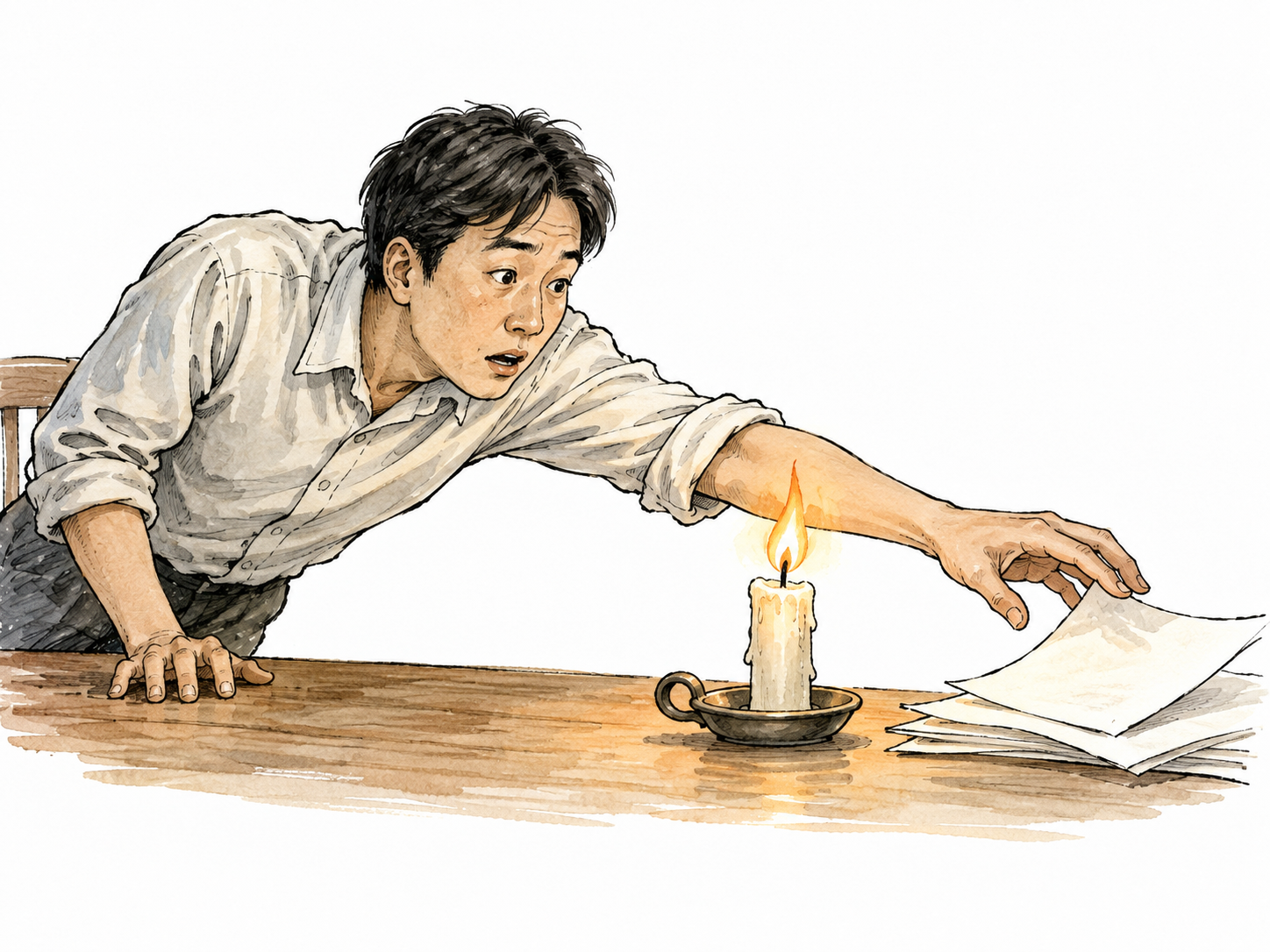 East Asian adult reaches across a candle for loose papers, careless imminent risk without injury.