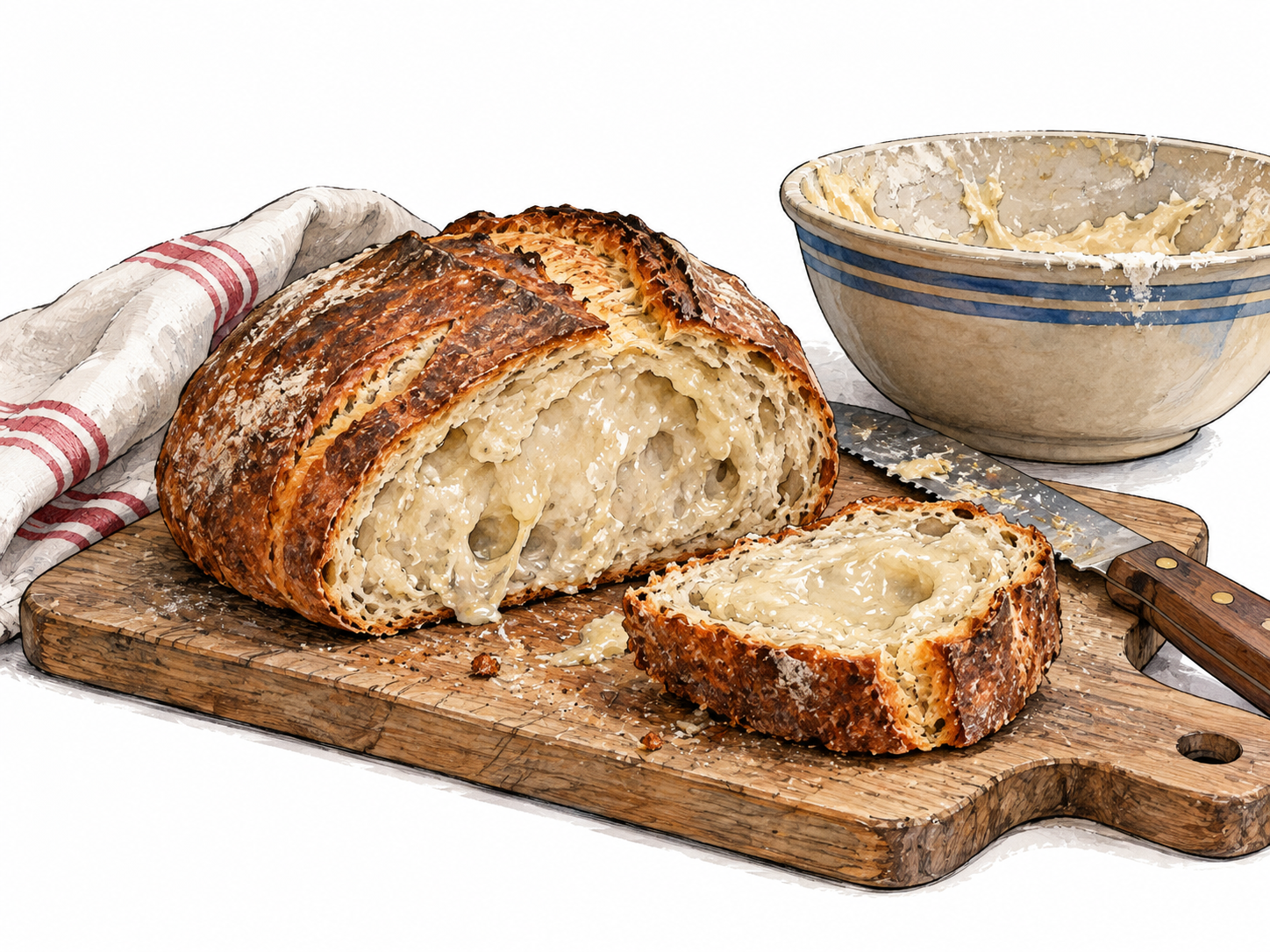 A cut loaf with a visibly wet doughy center despite browned crust, insufficient cooking, kitchen still life.