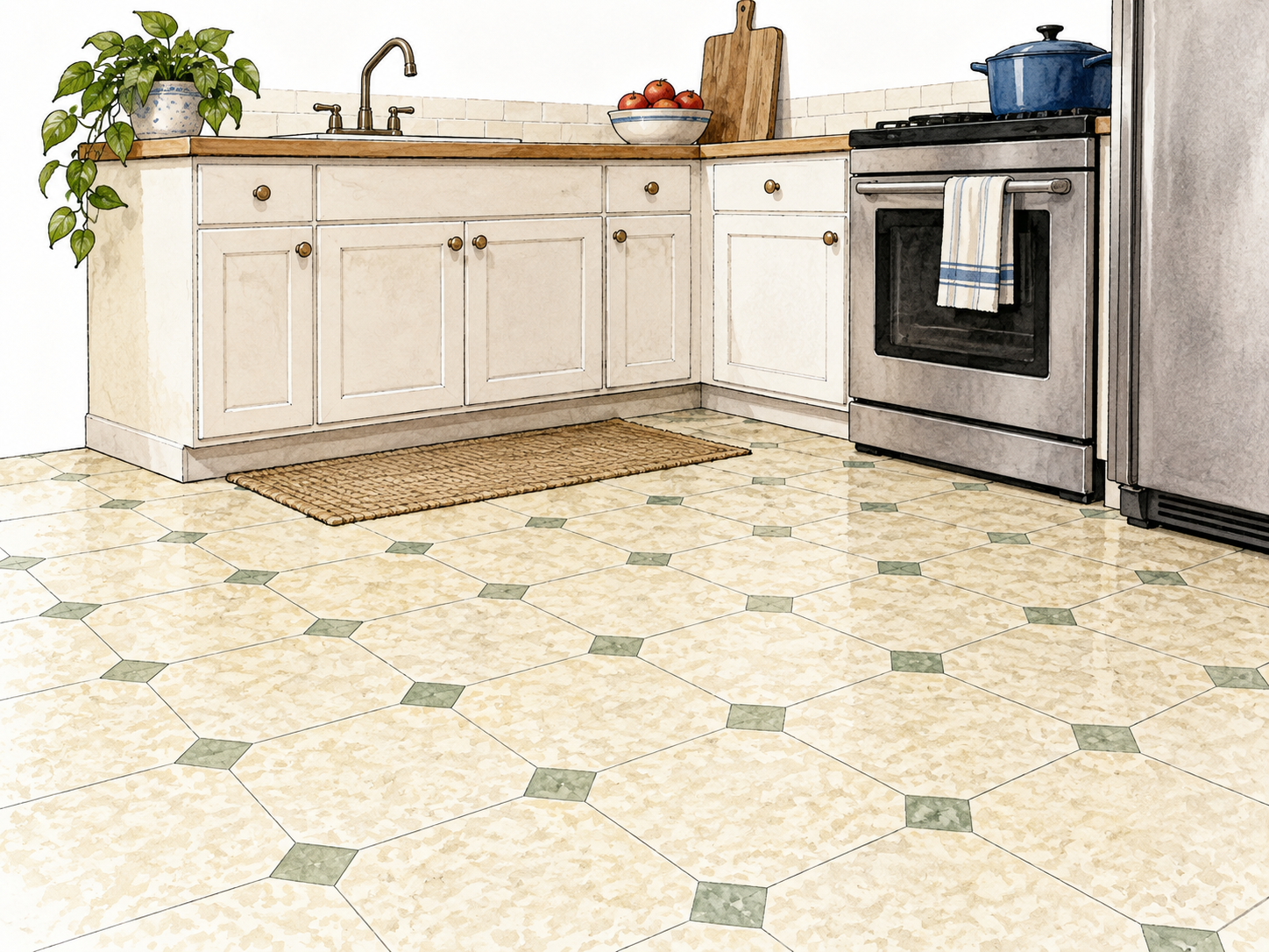 A clean kitchen corner showing durable patterned sheet linoleum flooring.