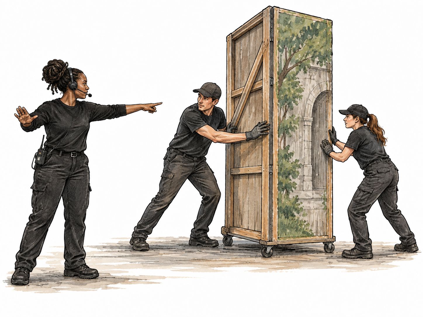 A Black stage manager directing two helpers to move scenery together, coordinated effective organization.
