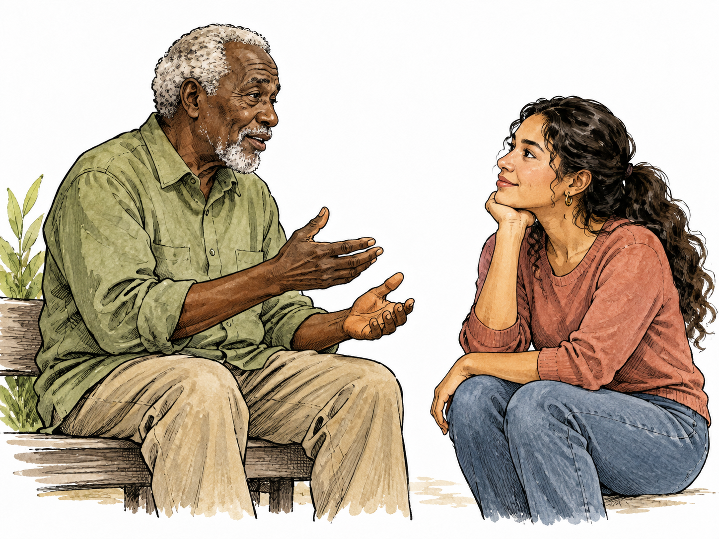 Latina young adult listens attentively to an elderly Black speaker.