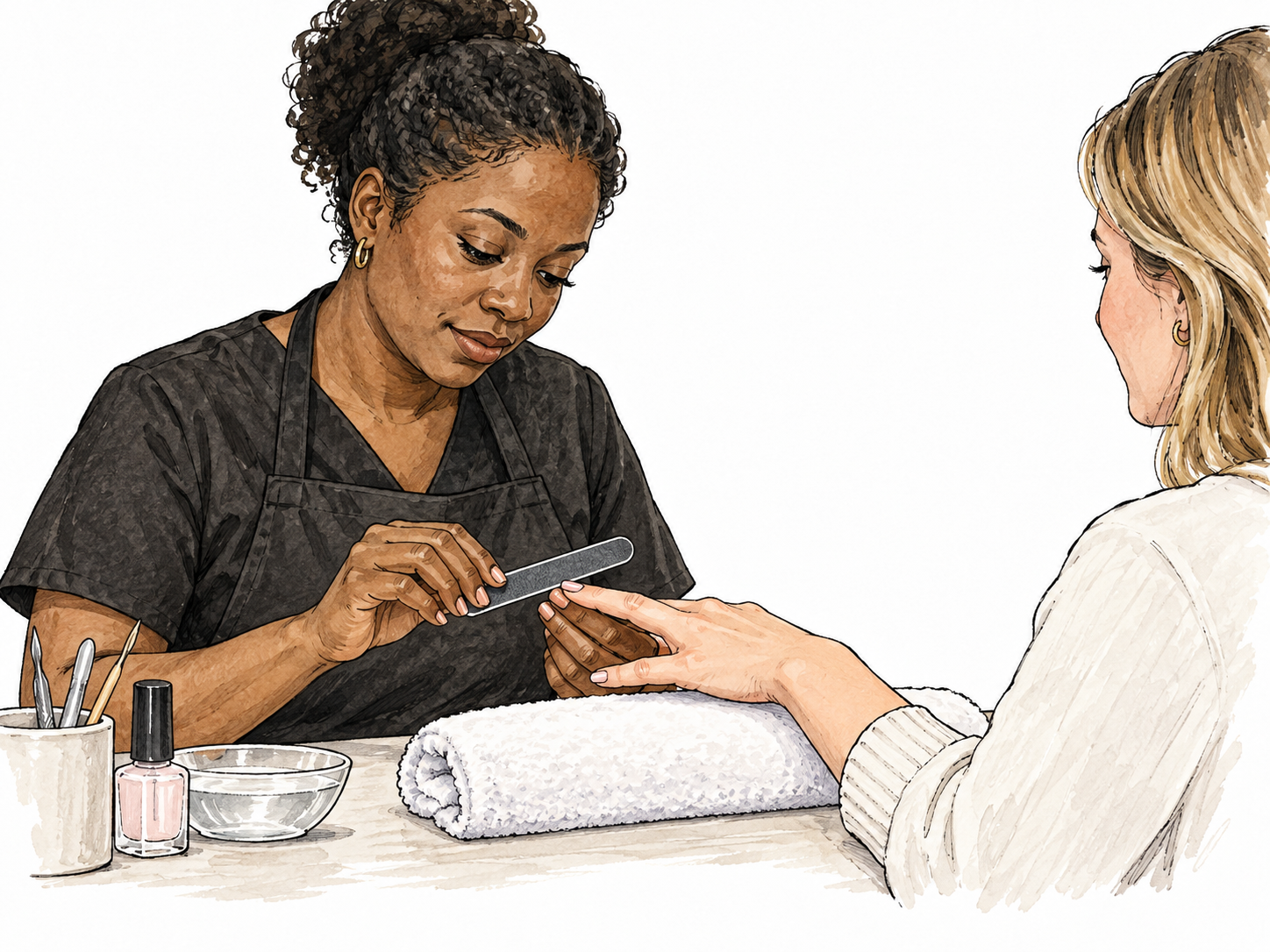 Black nail technician carefully files a white adult client's fingernails.