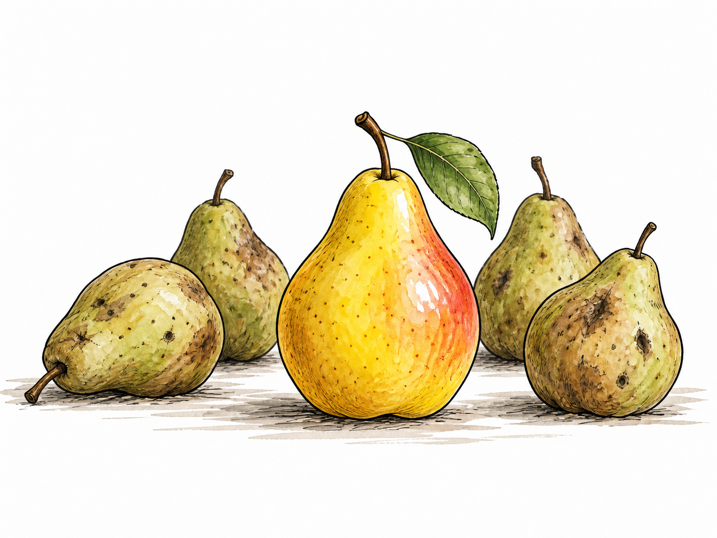One beautifully ripe flawless pear displayed prominently among ordinary pears.
