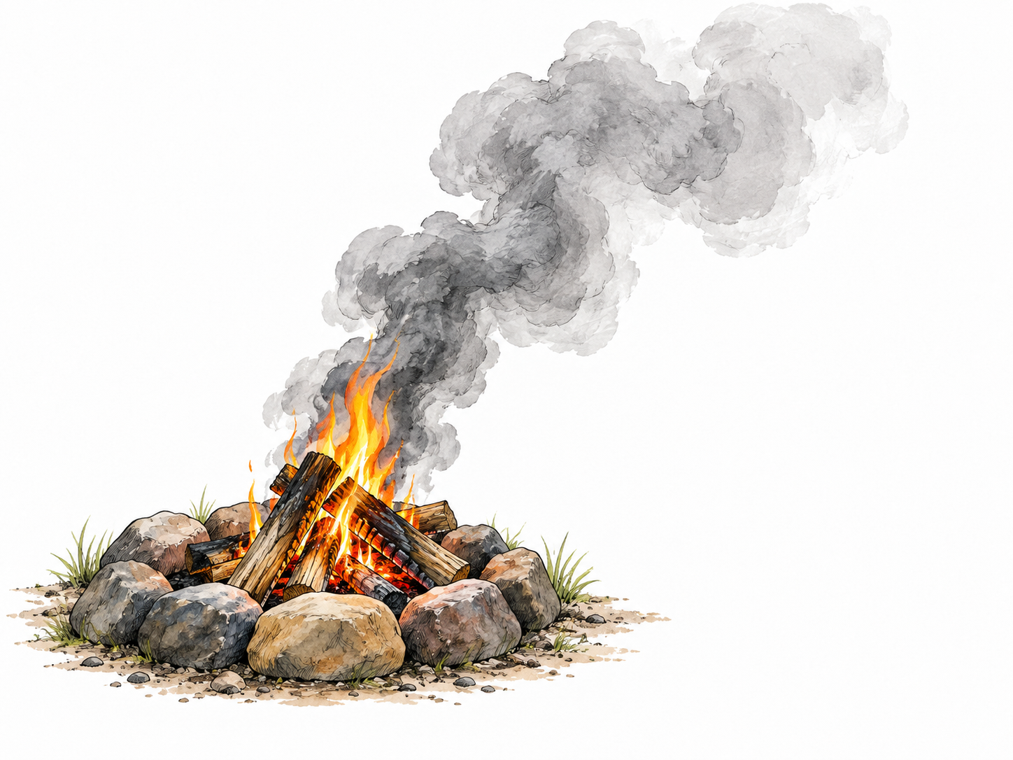 Gray smoke rises from a safely contained outdoor wood fire.