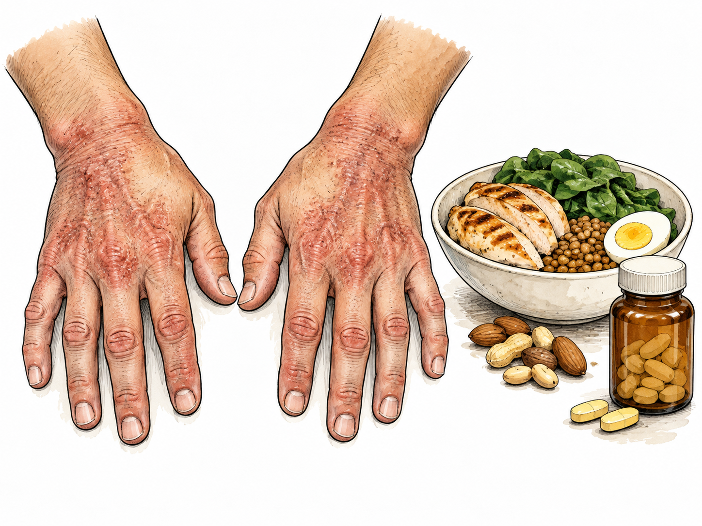 A non-graphic medical view of symmetrical rough reddish dermatitis on adult hands, a bowl of niacin-rich food and vitamin bottle nearby, no text or diagnosis advice.