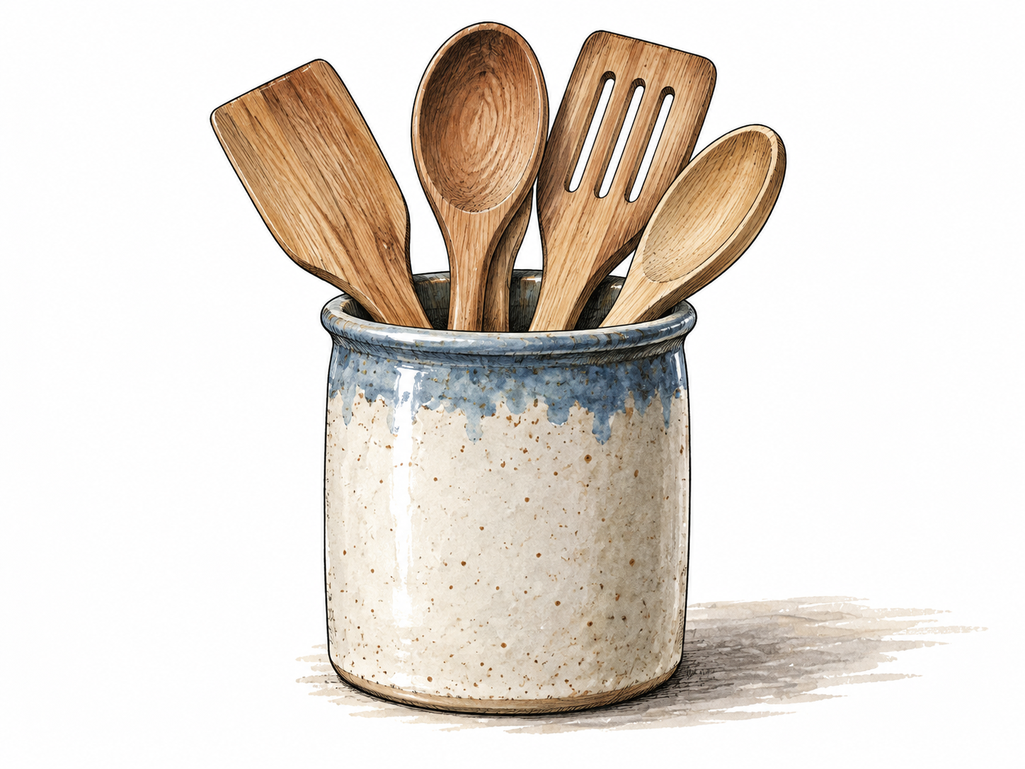 A ceramic container receiving wooden utensils, obvious opening and contents held securely.