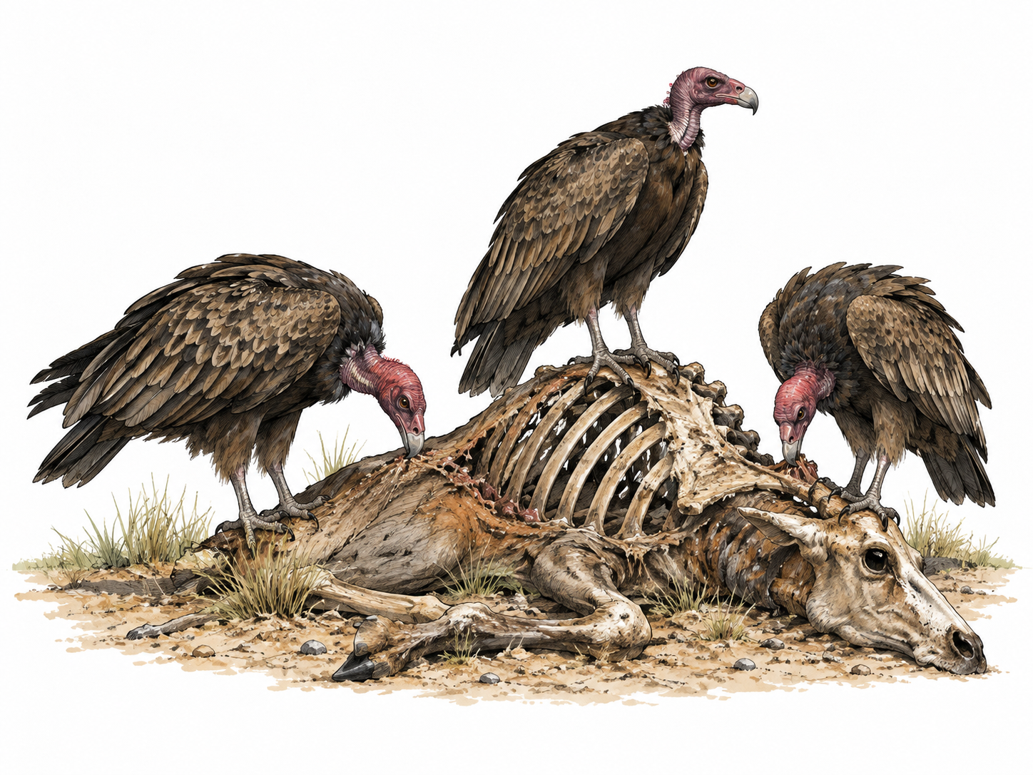 Vultures feed on weathered carcass, no graphic organs.