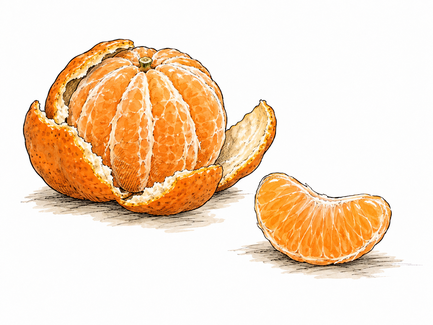 A single orange segment beside the peeled whole fruit.