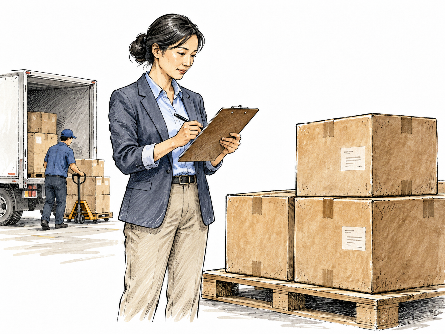 East Asian purchasing manager checks delivered boxes against a list.