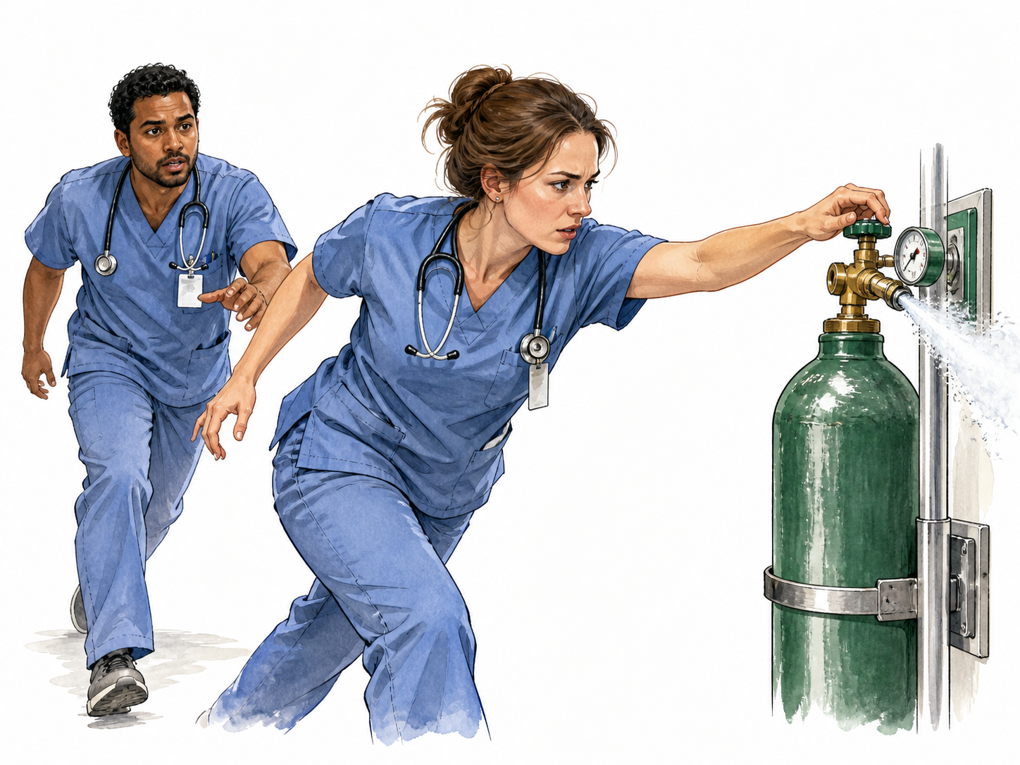 A nurse urgently reaching to shut off a leaking oxygen valve while a colleague responds, immediate necessary action; white nurse, no patient distress.