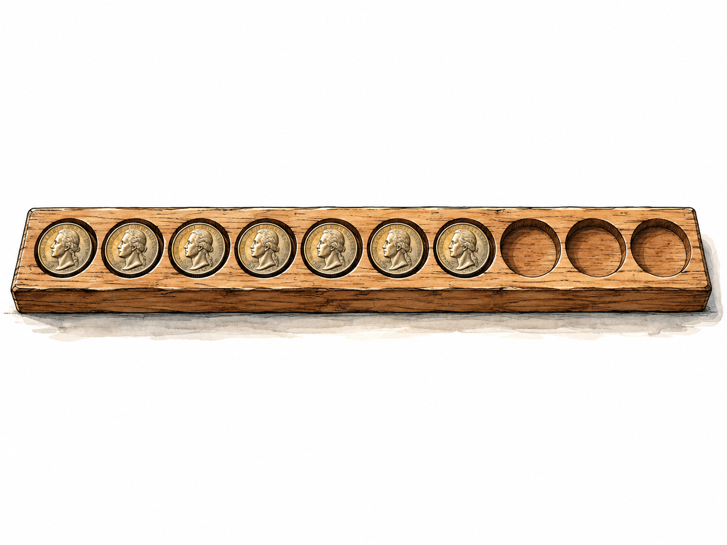 A row of ten empty coin slots with only seven occupied, obvious shortfall relative to the full row.
