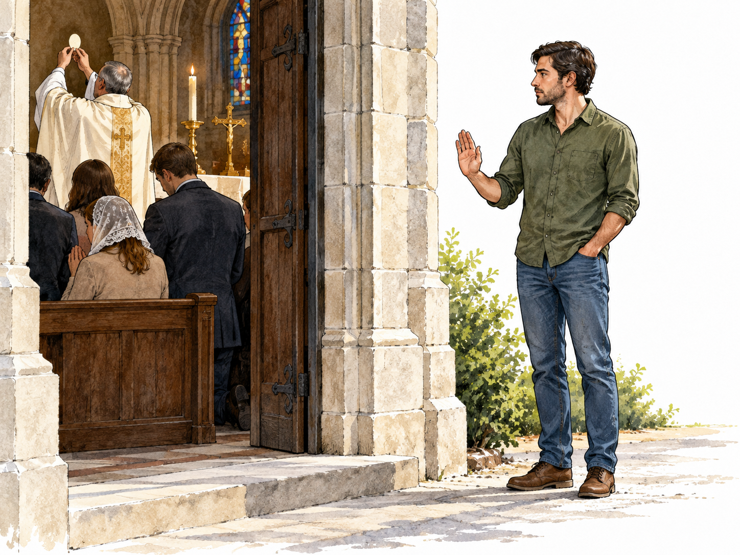 Individual respectfully stands outside religious ritual declining participation.