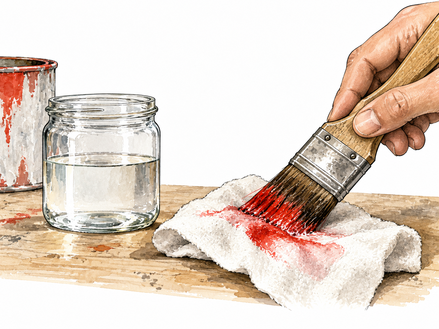 Clear liquid on a rag removes a patch of paint from a brush, safe workbench context.