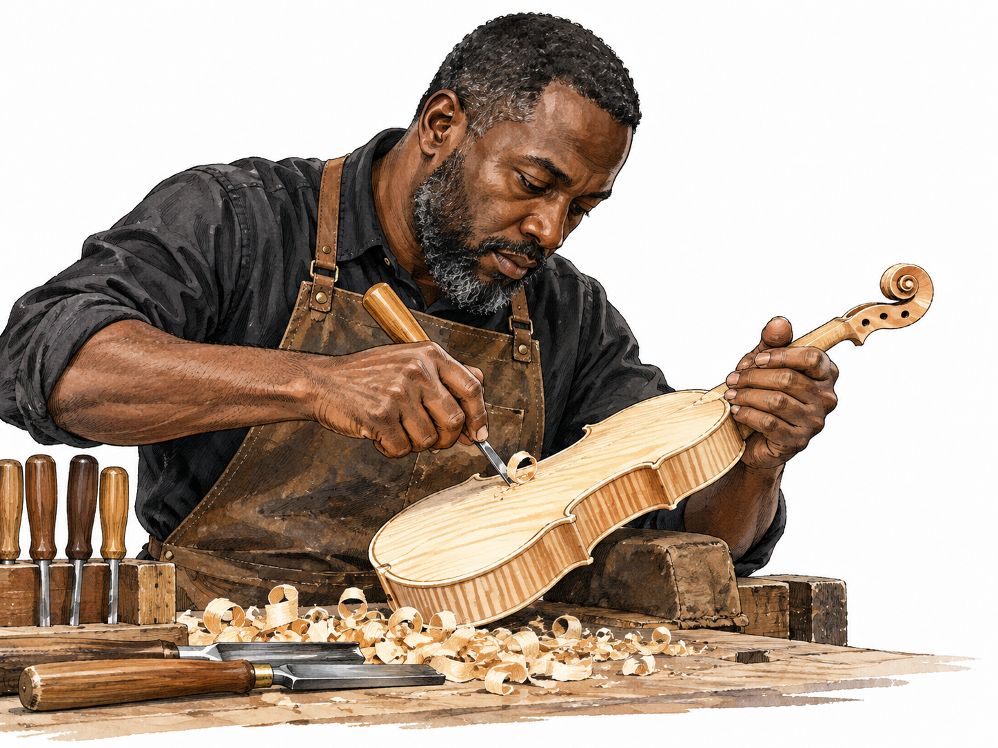 Black master woodworker carves flawless violin.