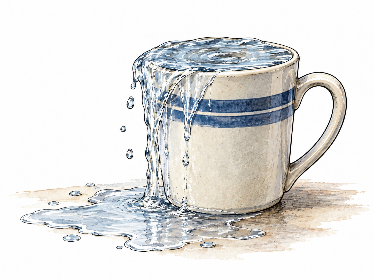 Water spills over rim of overfilled cup.