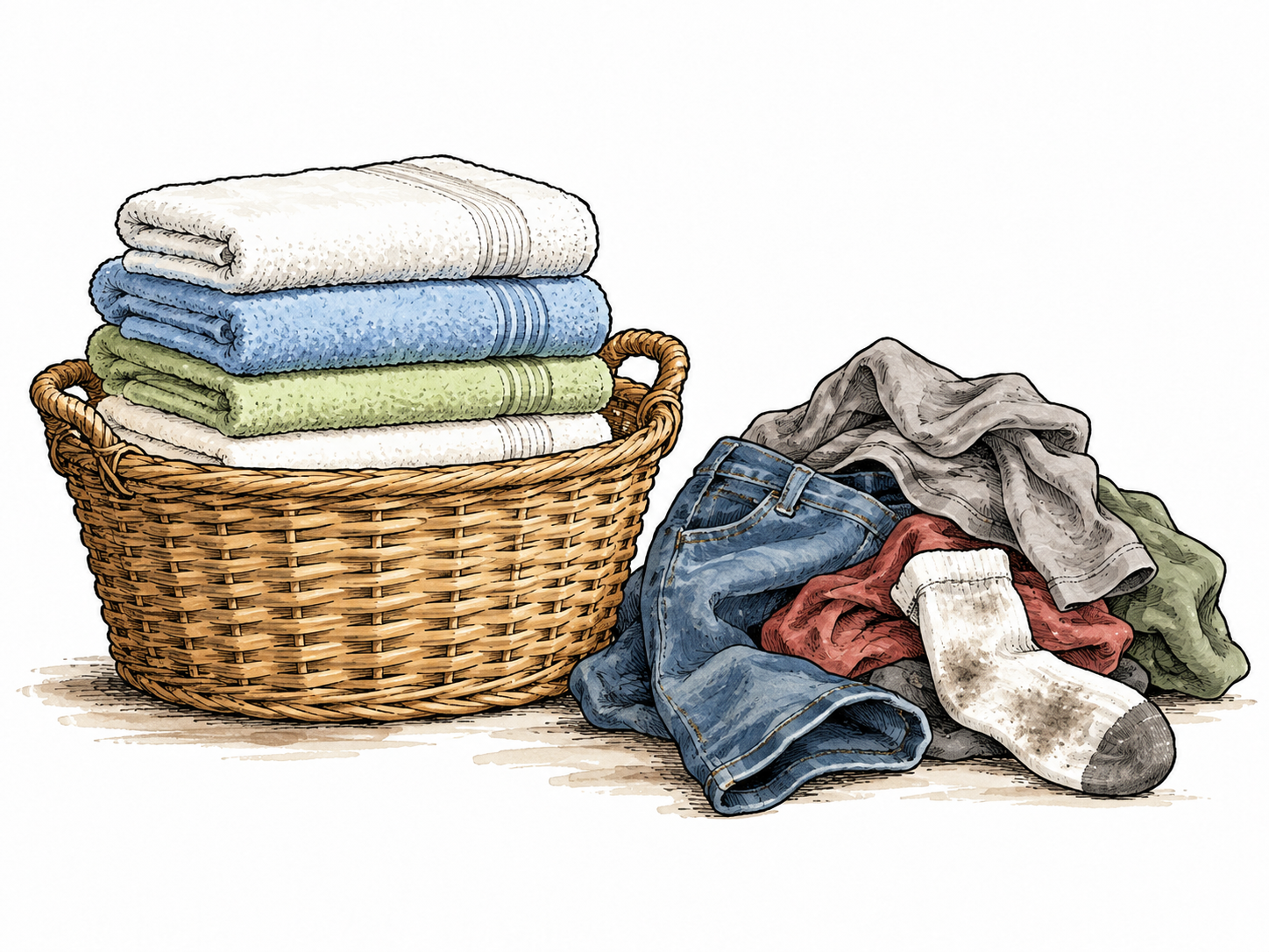 Basket of clean folded towels beside clothes awaiting washing.