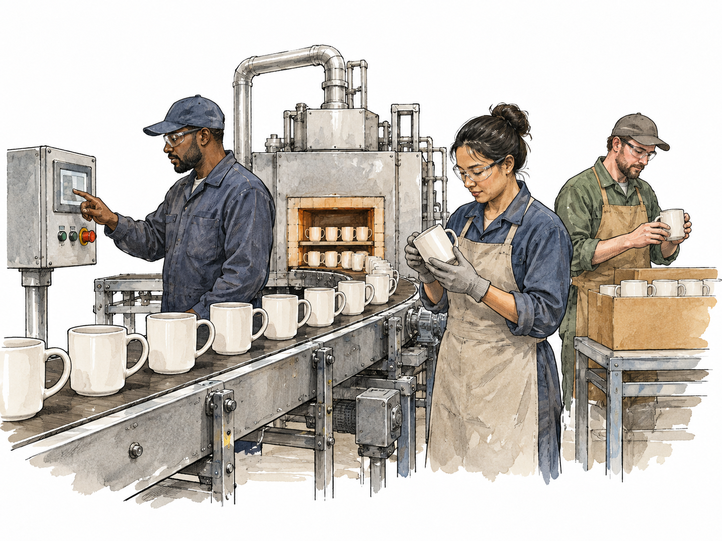 A diverse small factory team monitors a line of newly made ceramic mugs.