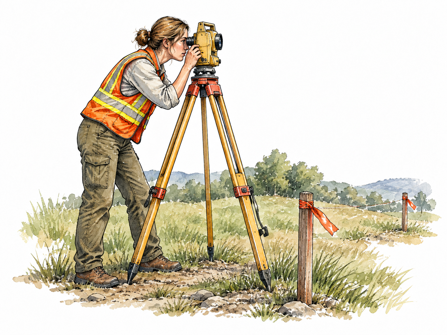 A white female land surveyor using a tripod-mounted surveying instrument beside marked boundary stakes.