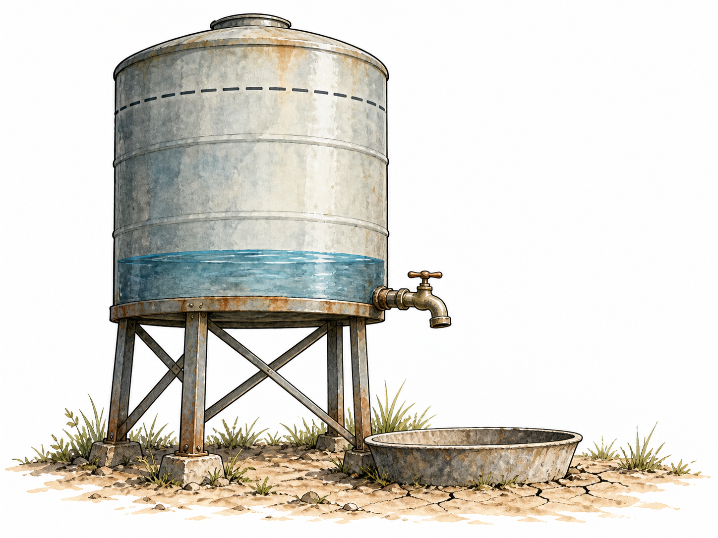A water tank visibly far below the required fill line with a dry outlet, no text, clear inadequate supply.