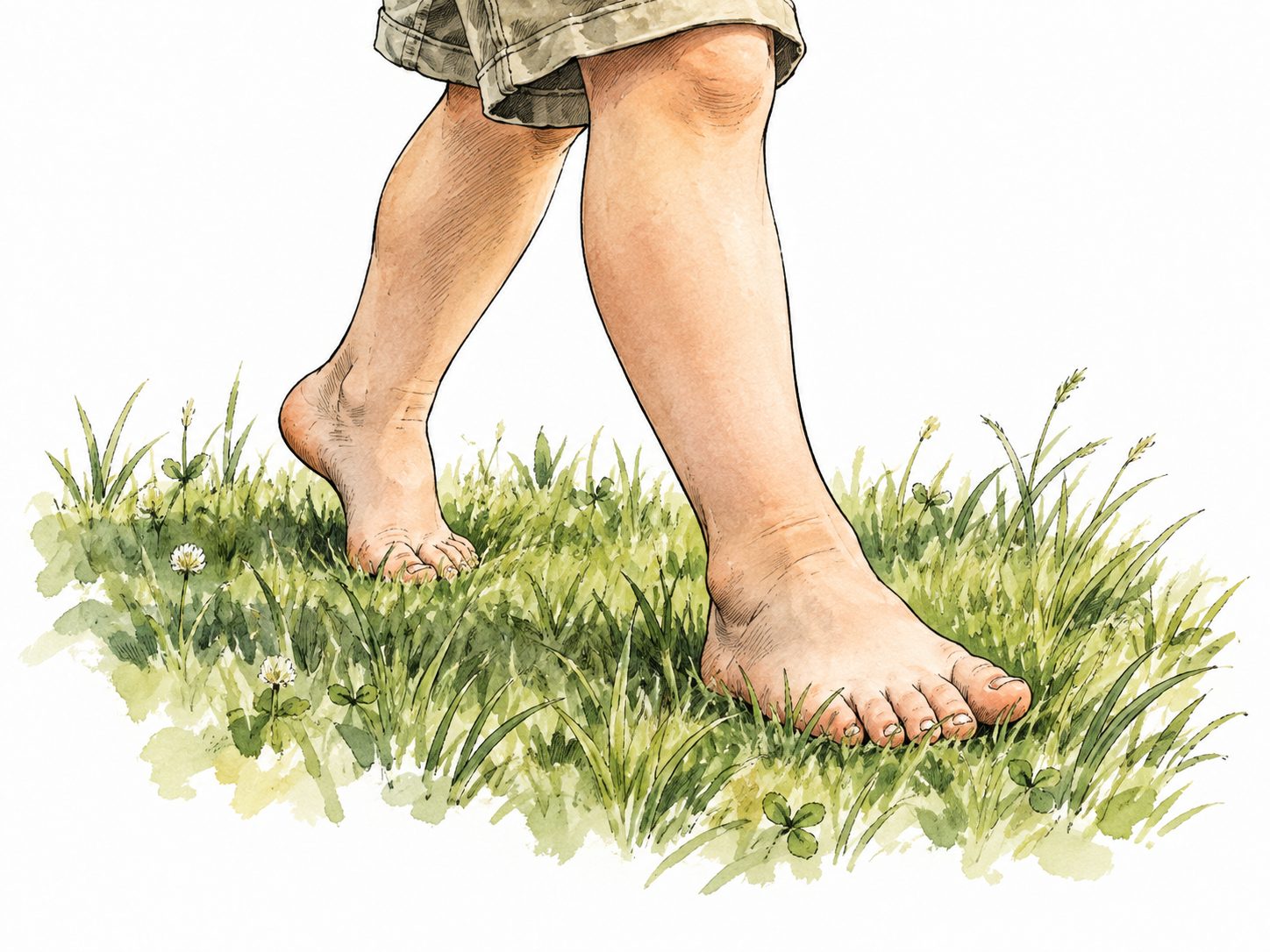A white child walking barefoot through soft grass, focus on feet with no shoes or socks.
