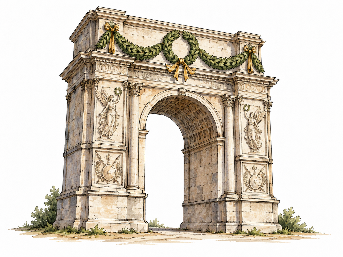 A stone victory arch decorated with laurel garlands.