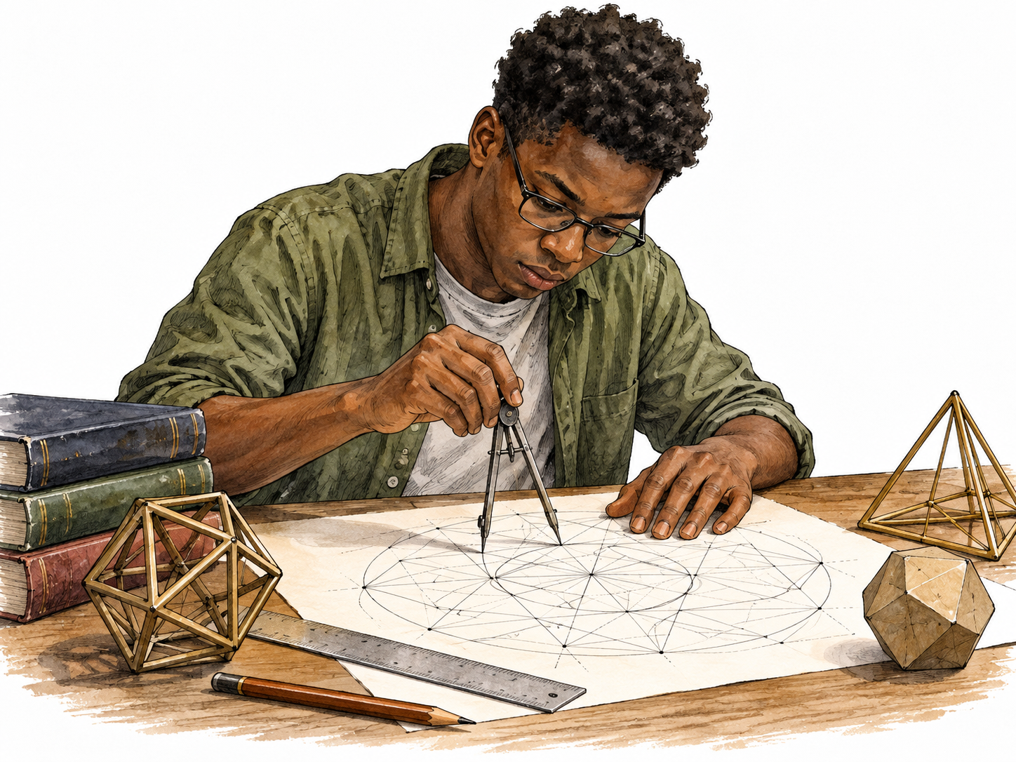 Black mathematical savant studies intricate geometric construction.