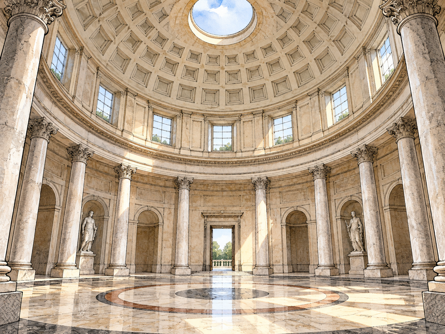 Grand round hall with domed roof seen from within.