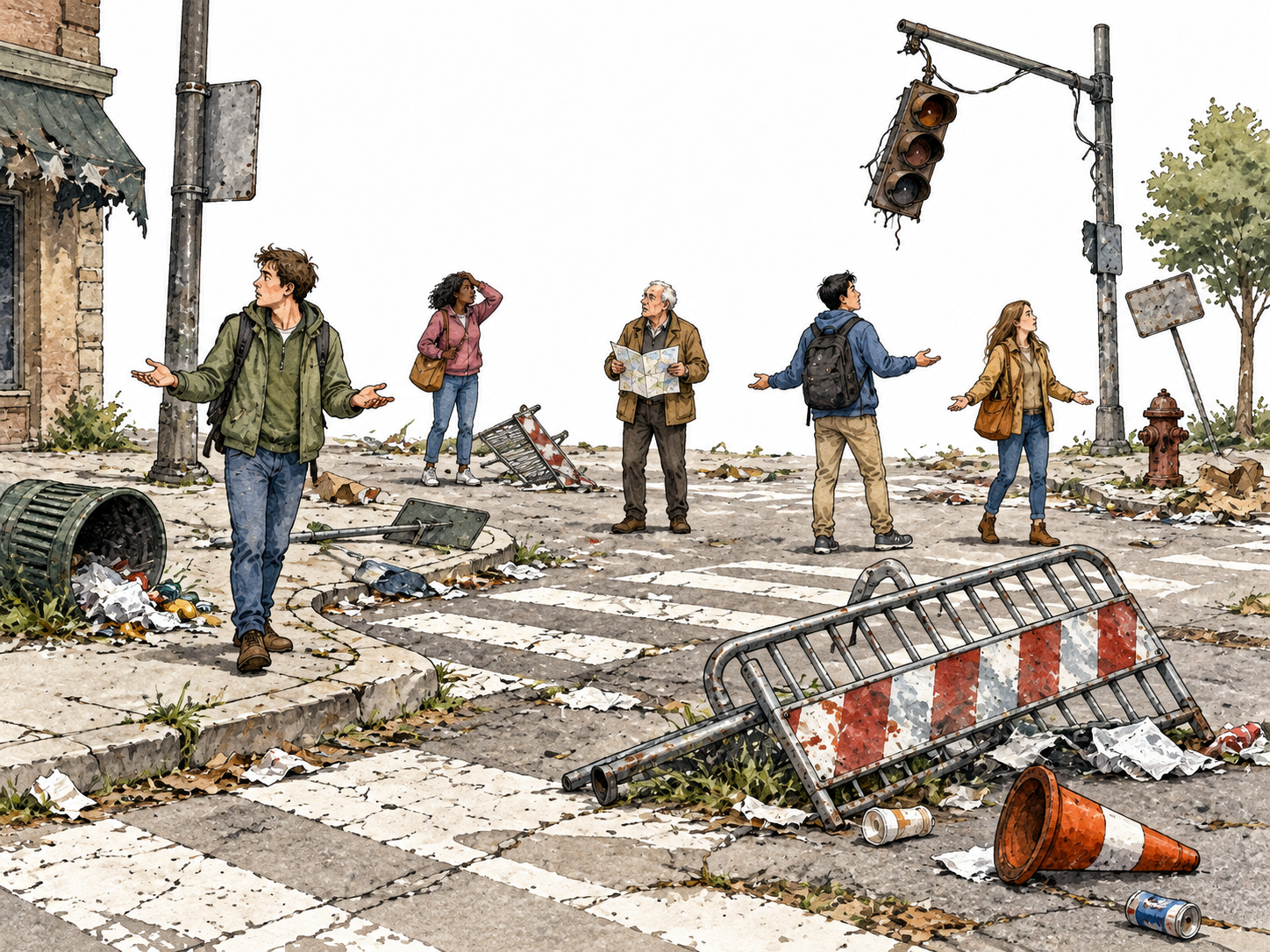An abandoned intersection with overturned barriers and scattered litter, confused diverse pedestrians lacking direction.
