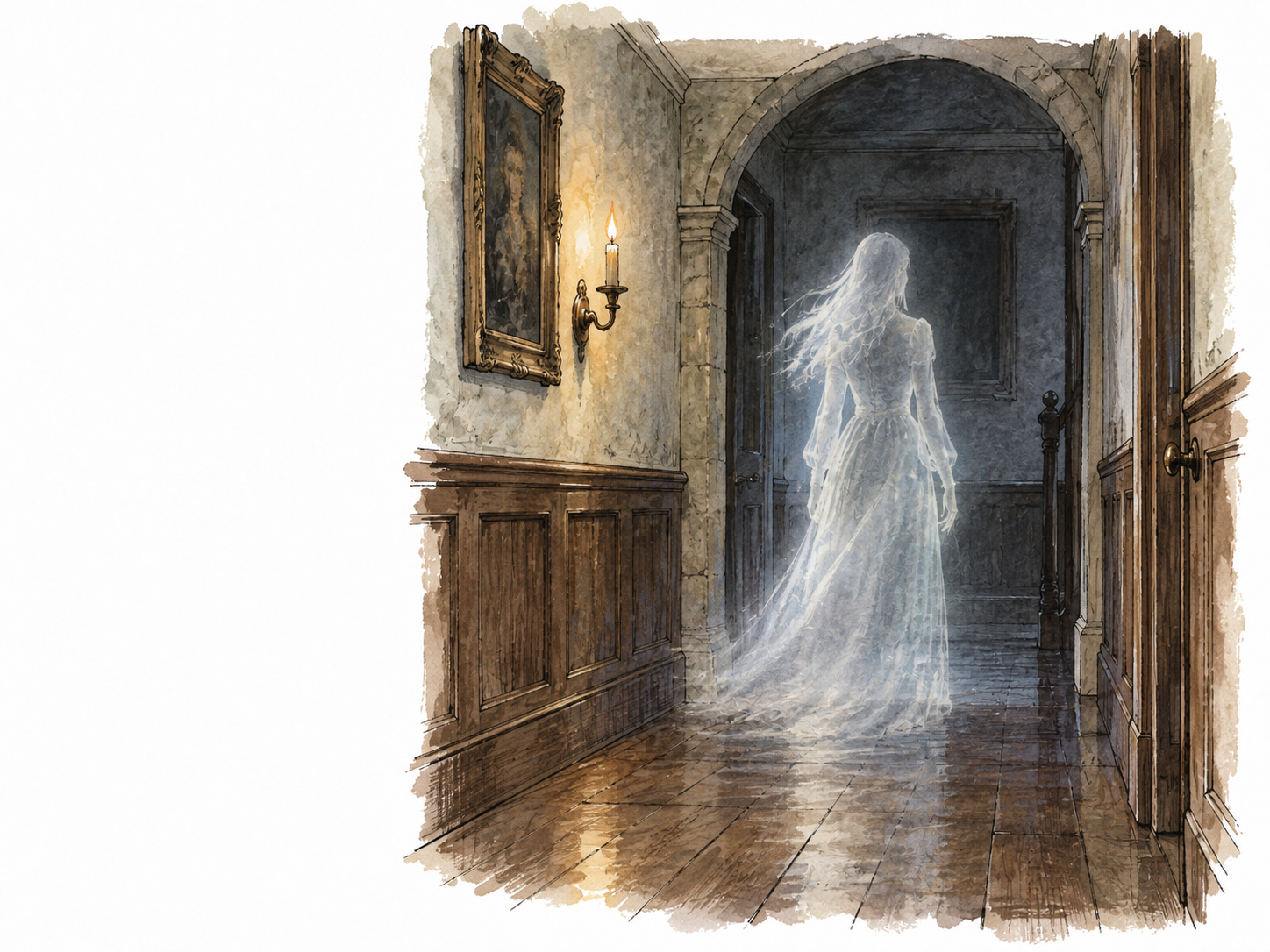 A faint translucent human silhouette in an old hallway, atmospheric imagined ghost.