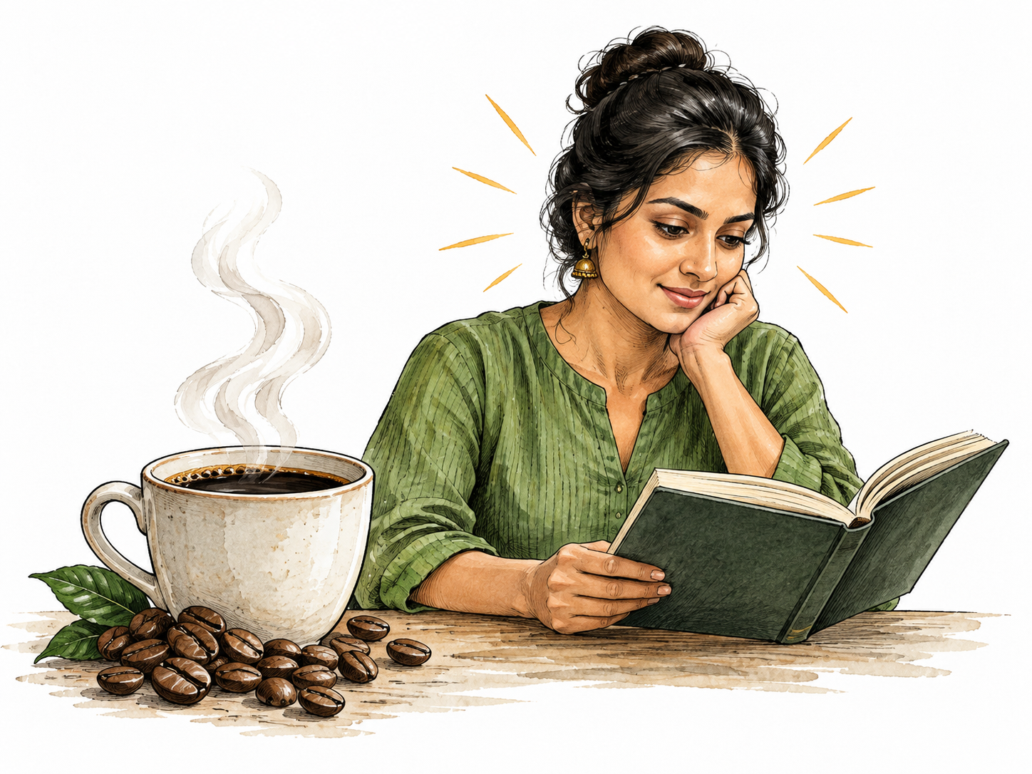 A steaming cup of black coffee beside roasted coffee beans and an alert adult reader, South Asian woman, caffeine as stimulant.